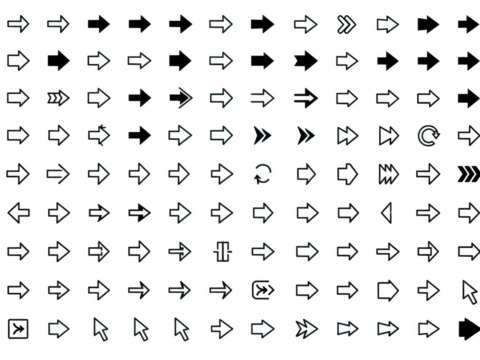 Collection of various arrow symbols and icons in black and white isolated on transparent background - Powered by Adobe