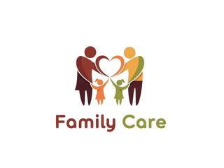 Family care logo with parents and children holding a heart symbolizing love and support isolated on transparent background