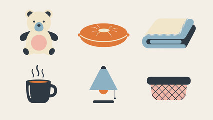 Cozy Home Comforts Illustration: An illustration featuring a teddy bear, pillow, blanket, cup of coffee, lamp, and basket, representing warmth, and the simple pleasures of home.