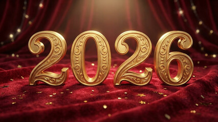 Elegant golden year 2026 displayed on red velvet background
