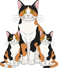 Obraz premium Adorable vector illustration of a calico cat mother sitting proudly with her two small kittens in an orange, black, and white coat for pet, family, and animal themes.Adorable vector illustration of a 