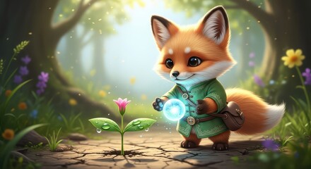 Naklejka premium Adorable small fox creature nurtures a tiny blooming plant with magical energy in a lush forest setting
