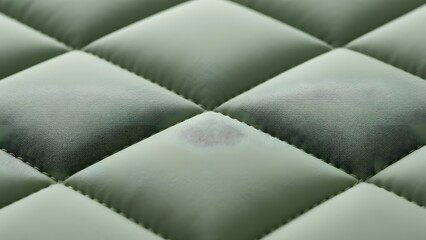 Fototapeta premium Close-up view of a sage green quilted fabric with diamond pattern and visible stains.
