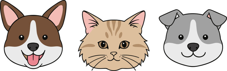 Obraz premium Adorable vector set of three pet head portraits: a smiling corgi-style dog, a curious tabby cat, and a gray-and-white terrier-style dog for animal and companion themes.Adorable vector set of three pet