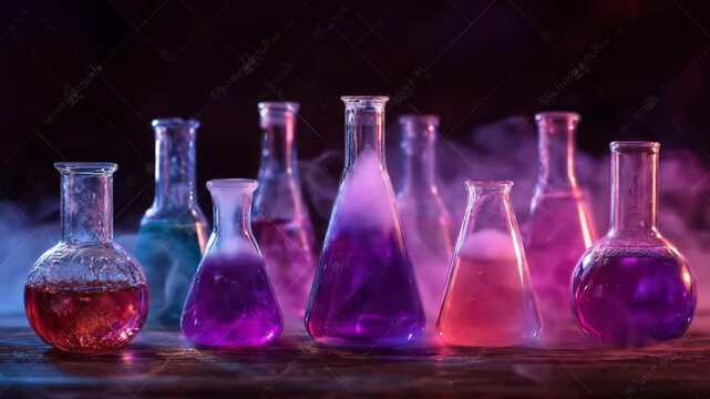 Row of glass lab flasks with purple, blue, and pink liquids on a wooden bench before a dark lattice