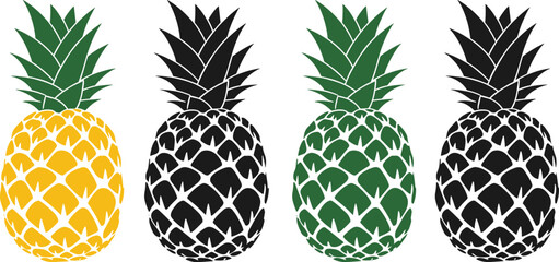Bold vector set of four stylized pineapples in black, yellow, and green, featuring a simple, high-contrast silhouette design for tropical food and fruit themes.Bold vector set of four stylized pineapp