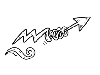 Black and white arrow with stylized letter m and decorative elements isolated on transparent background