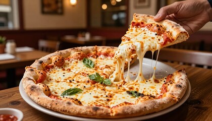 Hand pulling a hot slice of cheesy Margherita pizza in a restaurant.