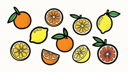 Collection of Fresh Citrus Fruits and Slices.