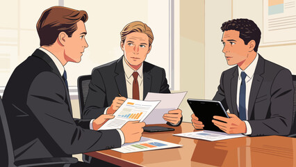 This illustration shows business professionals discussing ideas around an office desk, with a laptop and documents, representing workplace collaboration and corporate communication.