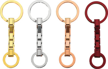 Metallic double ring keychains in gold, silver, rose gold, and red tones with rectangular chain links for accessories design