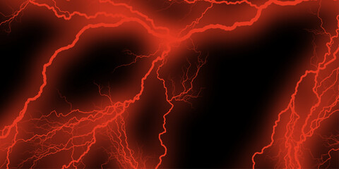 Abstract Red Electrical Discharge or Plasma Energy Background. Low angle view of red lightning bolt against black sky. Intense red electric lightning on dark sky. Striking red lightning. 