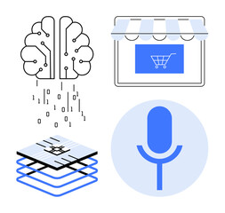 AI systems, digital innovation, machine learning, e-commerce, technology services, voice commands. Brain with circuits, a shopping cart microphone icon and processor layers. AI systems