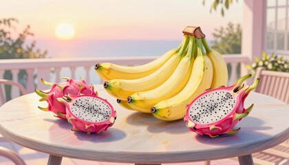 Fototapeta premium Exotic tropical fruit breakfast with bananas and dragon fruit on a terrace overlooking a beautiful sunrise.