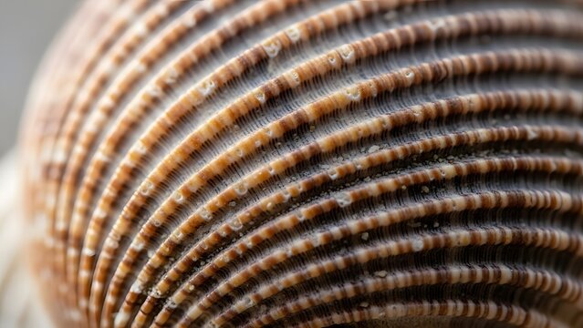 A very close-up, detailed macro shot of the textured surface of a seashell with intricate parallel ridges and grooves in natural brown tones.