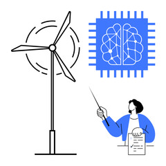 Wind turbine rotating, AI chip with neural network pattern, person presenting with pointer and document. Ideal for technology, sustainability, innovation, education, energy, AI futuristic ideas