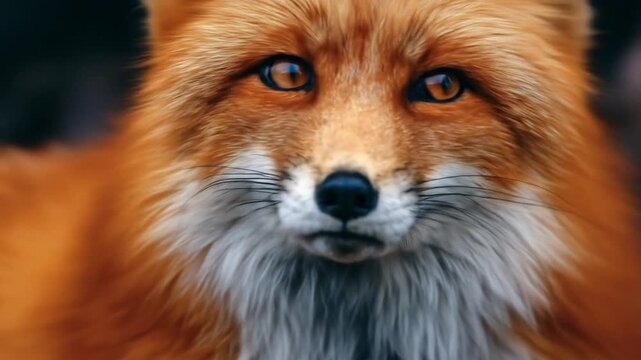 Close-up of a red fox's face, vivid orange fur, white muzzle, blue eye, serene, tranquil gaze. calm
