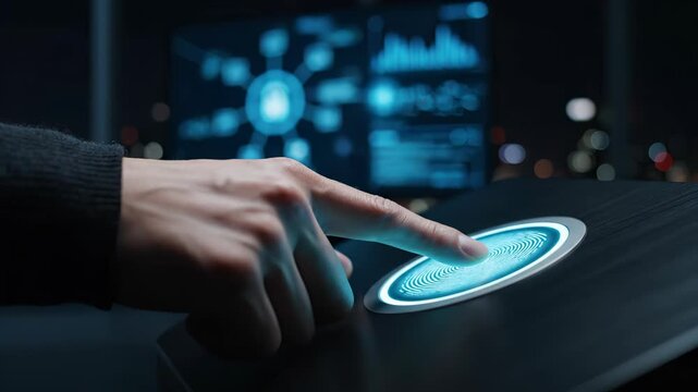Finger touching a biometric scanner to activate a glowing blue digital fingerprint, illustrating cyber security and identity verification concepts.