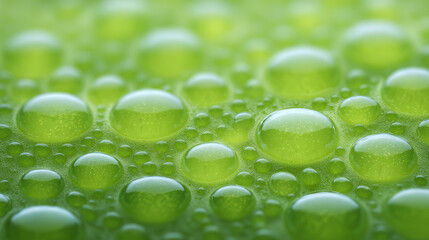 Fototapeta premium Green water droplet macro fresh dew bubble texture surface nature abstract pattern vivid color glow smooth round shape soft light clean mood close up detail