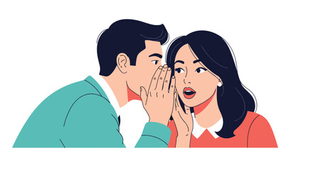 Man in a suit whispering a secret into a surprised woman's ear, illustrating the concept of office gossip and rumors.