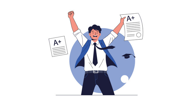 Happy male student celebrating excellent academic results, holding an exam paper with an A-plus grade and raising his arms.