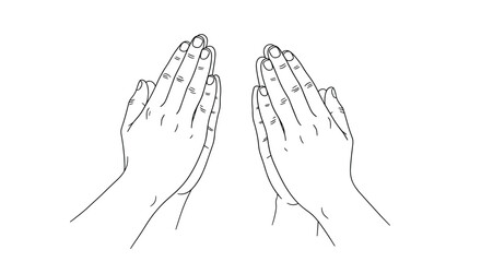Obraz premium Simple line art illustration of two hands pressed together in a gesture of prayer, worship, pleading, or gratitude on white.