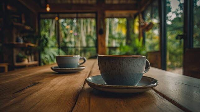 Two rustic ceramic cups rest on a wooden table with a lush tropical view outdoors