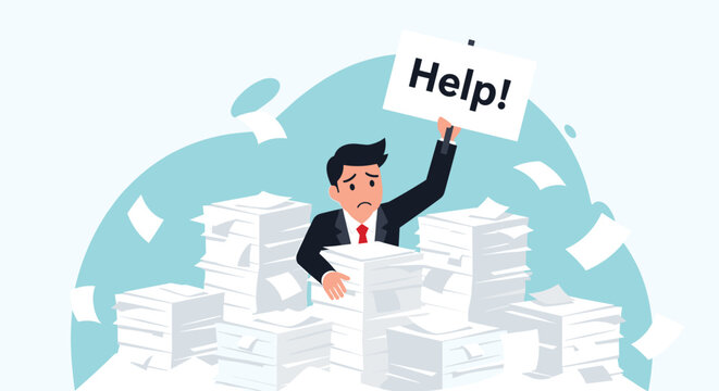 Overworked businessman drowning in a large pile of paperwork and holding up a sign that says help, concept of burnout.