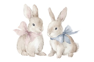 Obraz premium A watercolor illustration features two cute bunnies on a plain background.