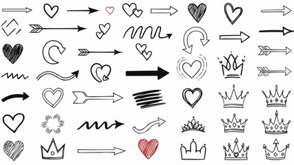 Collection of Hand Drawn Arrows Hearts and Crowns Doodle Elements.