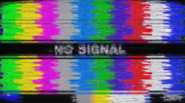 No Signal - Retro Television: An iconic television test pattern displaying a vibrant array of colors, accompanied by a stark message of No Signal. Evoking nostalgia and reflecting technical problems.