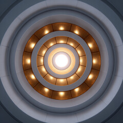 Fototapeta premium Concentric circle spiral ceiling modern architecture glowing lights abstract pattern symmetry interior design circular skylight minimalist style futuristic mood radiates calm focus with warm glow