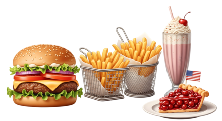 Classic american diner food featuring burger fries pie milkshake isolated on transparent background