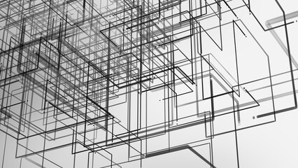 Futuristic visualization with abstract geometric shapes, overlapping squares, lines