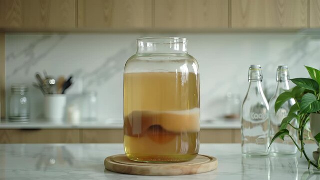 Timelapse of amber kombucha tea fermenting in a glass jar with a floating SCOBY culture on a marble kitchen counter, illustrating homemade probiotic brewing concepts.