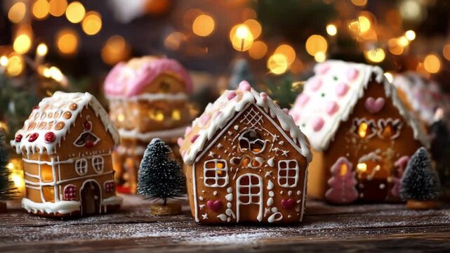 Row of ornate gingerbread houses with icing details, candy decorations, and warm bokeh lights at eve