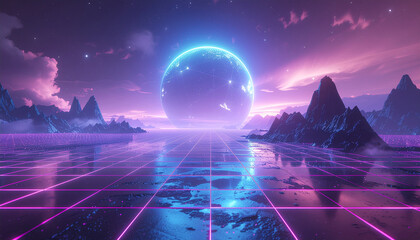 A vibrant synthwave landscape with a glowing blue sphere over a reflective grid surface and stylized mountains under a purple sky.