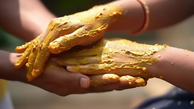 Close up of hands being covered in turmeric paste for a ritual.