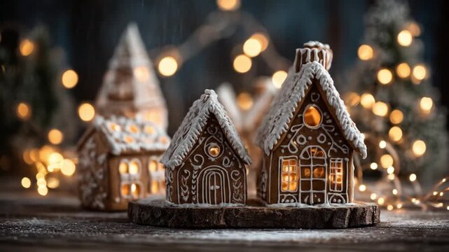 Three frosted gingerbread houses glow on a wooden table, warm fairy lights twinkling softly at dusk