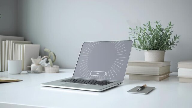 A white desk with a laptop and a potted plant. The laptop is open. Clean white desk with ai driven mindfulness companion device minimal calm layout modern soft lighting ai driven mental health tools