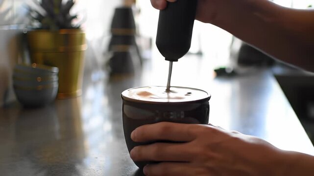 Hands using an electric milk frother to mix creamy foam in a hot coffee mug on a kitchen counter, illustrating morning beverage preparation.