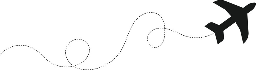 Airplane line path vector icon and blank for text. Air plane flight route with line trace isolated on transparent background. © uniqueartr