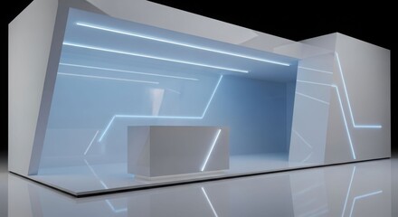 A modern, minimalist exhibition stand with white surfaces and blue neon lighting accents, featuring a central reception desk.