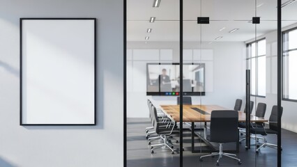 Modern office conference room with blank poster frame