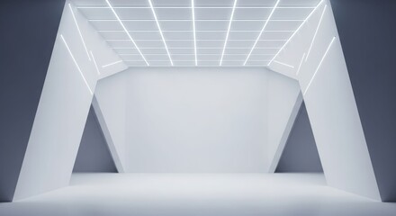 A modern, minimalist, and futuristic white interior space with glowing grid lights on the ceiling and angled walls, creating a clean architectural design.