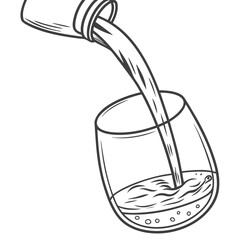 A simple line drawing illustration of a dark liquid being poured from a bottle into a clear glass with bubbles