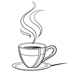 A simple black and white line drawing illustration of a hot cup of coffee with steam rising elegantly from the beverage