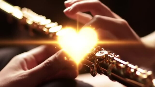 Close up of hands playing a flute with a glowing heart symbol.