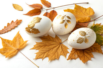 White eggs with golden and autumn leaves