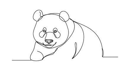 Continuous line drawing depicting the silhouette of a panda bear lounging gracefully on a flat